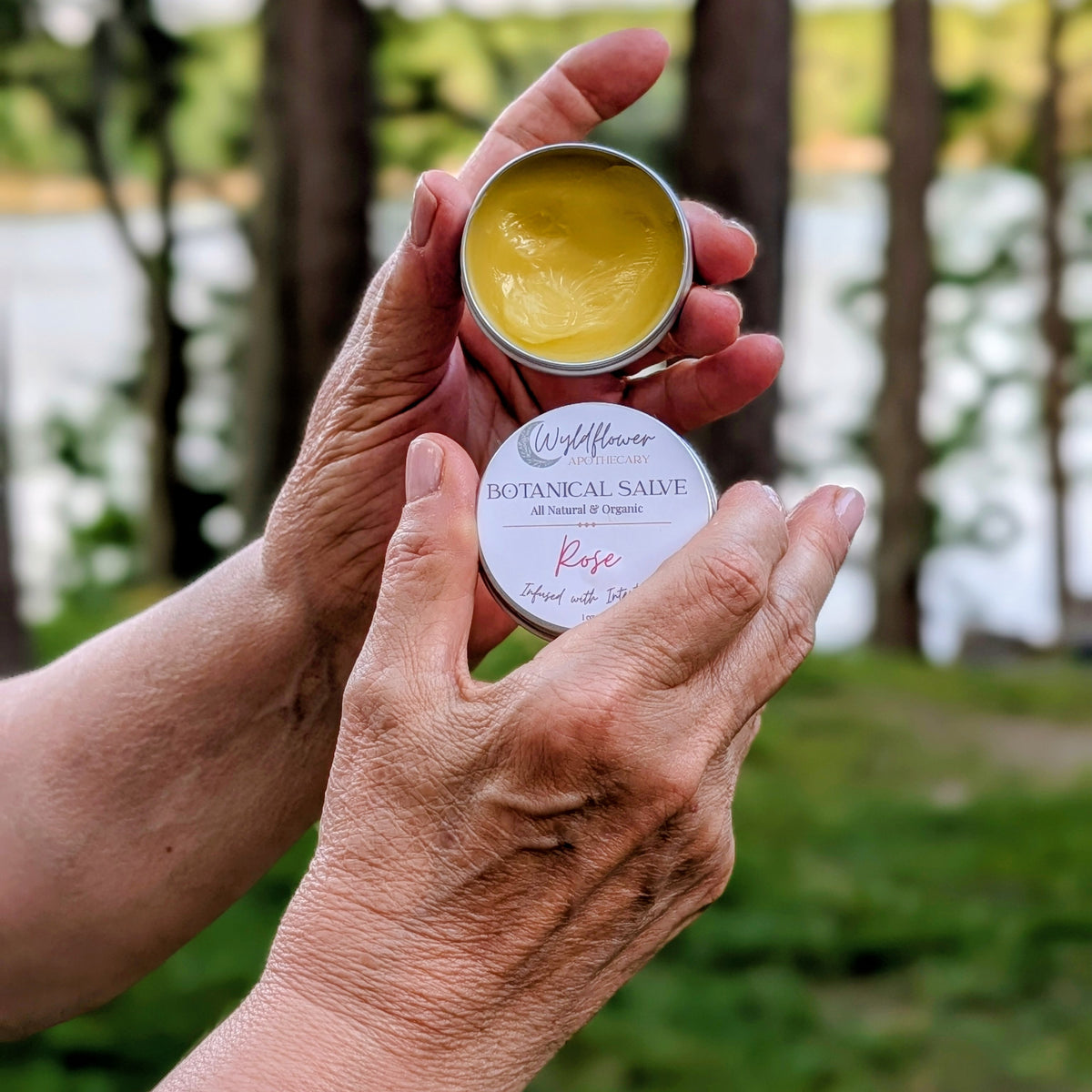 Two open tins of Wyldflower Apothecary calendula salve held outdoors